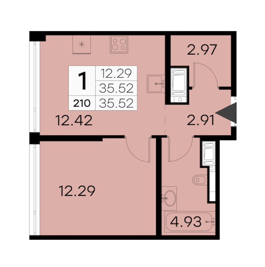 1-комнатная квартира 35.52 м², 17/19 эт., ЖК «GloraX Aura Vasileostrovsky»